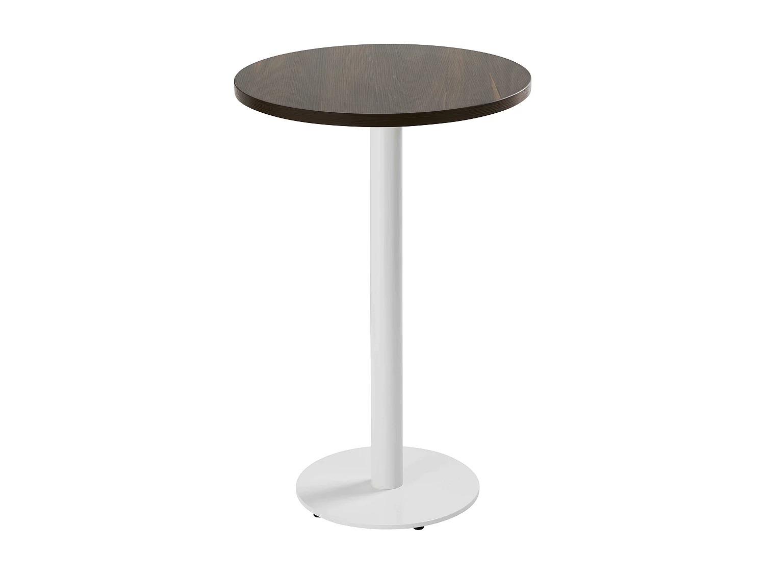 Table haute ronde 60 cm pied blanc et revêtement bois foncé