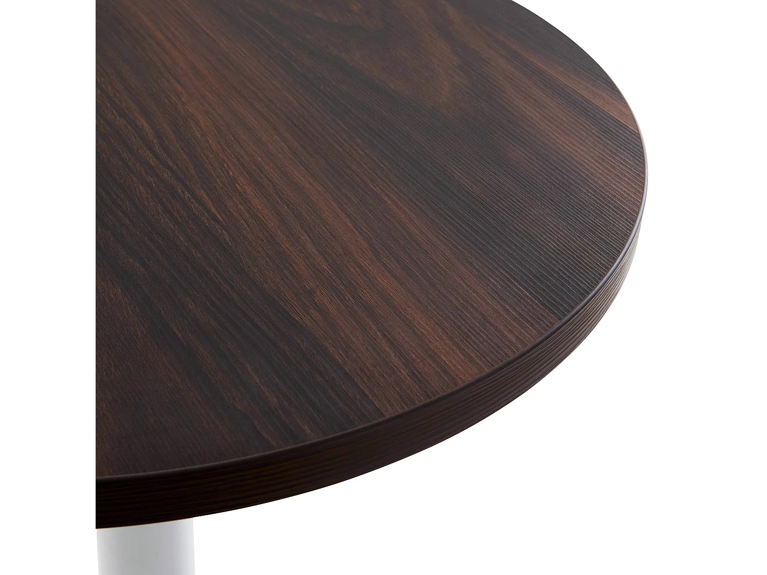 Table haute ronde 60 cm pied blanc et revêtement bois foncé