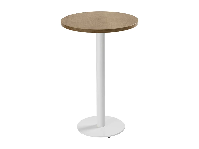 Table haute ronde 60 cm pied blanc et revêtement bois clair