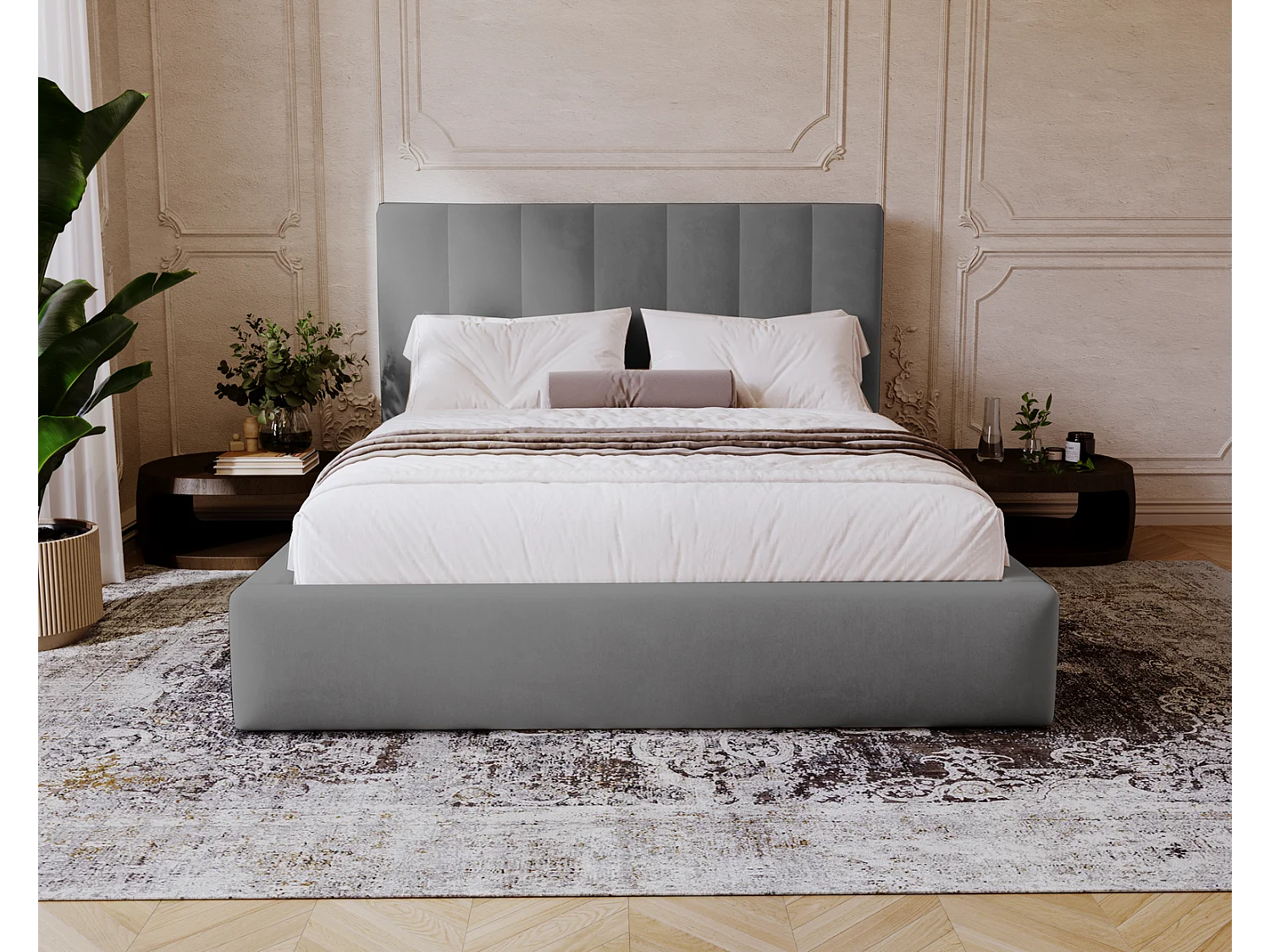 Emporius Velor lit coffre 200x200 avec rangement, lit adulte 200x200, sommier à lattes, velours Gris (Magic Velvet 2217)