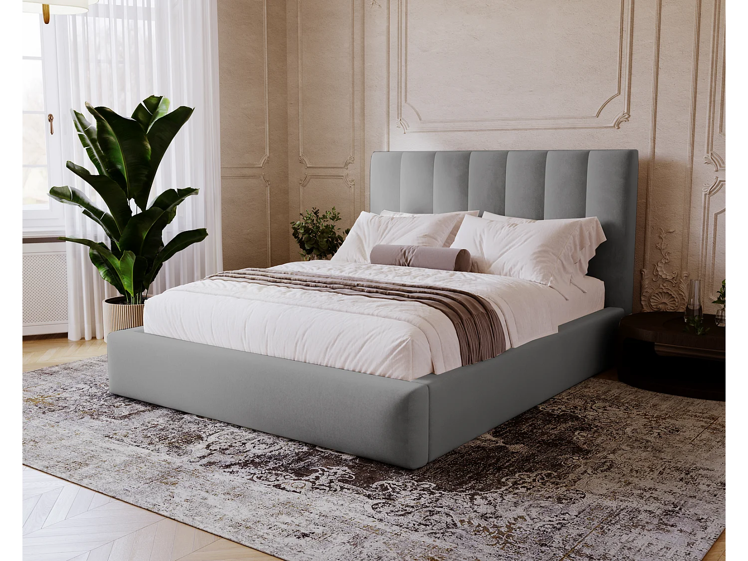 Emporius Velor Polsterbett 200x200 mit Bettkasten, Doppelbett, Kopfteil, Samtstoff, Bett Grau (Magic Velvet 2217)