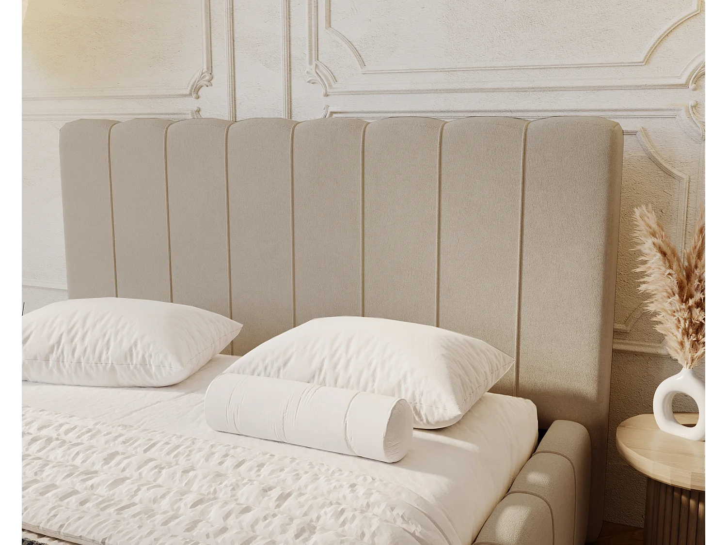 Emporius Lisbon Polsterbett mit Bettkasten, Doppelbett 160x200 Samtstoff, velvet, Bett Beige (Komodo 11)