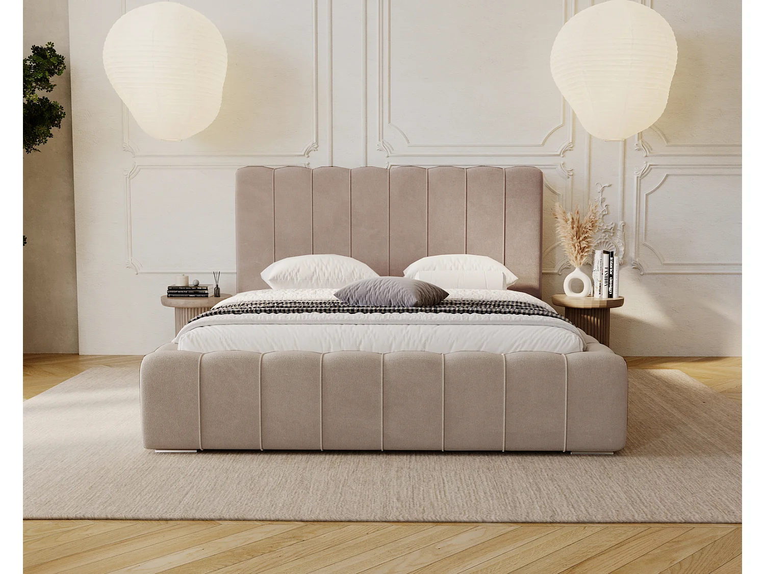 Emporius Lisbon lit avec rangement, lit adulte 160x200 sommier à lattes - lit coffre 160 x 200 - tissu velour Beige (Komodo 11)
