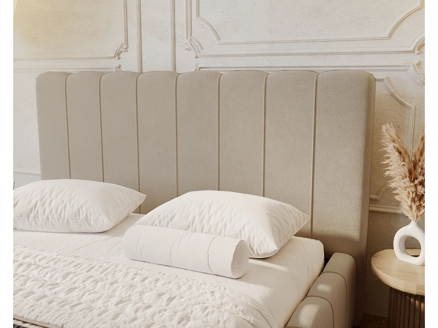 Emporius Lisbon lit avec rangement, lit adulte 160x200 sommier à lattes - lit coffre 160 x 200 - tissu velour Beige (Komodo 11)