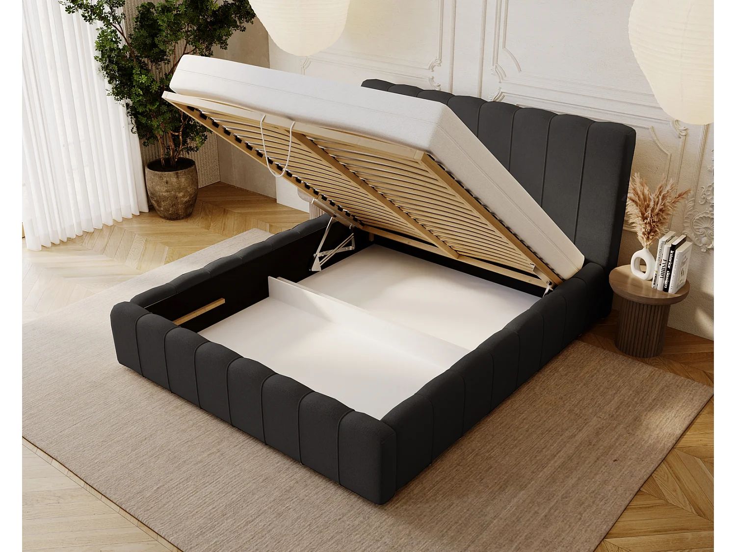 Emporius Lisbon gestoffeerd bed 180x200 met opbergruimte - bed 180x200, tweepersoonsbed fluwelen Zwart (Komodo 23)