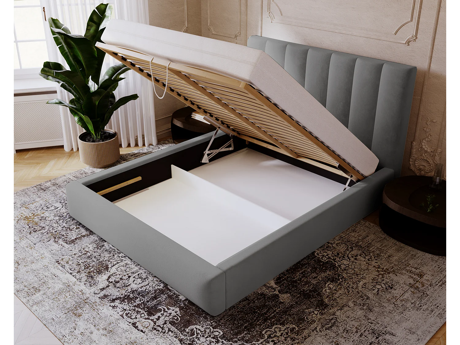 Emporius Velor lit coffre 180x200 avec rangement, lit adulte 180x200, sommier à lattes, velours Gris (Magic Velvet 2217)
