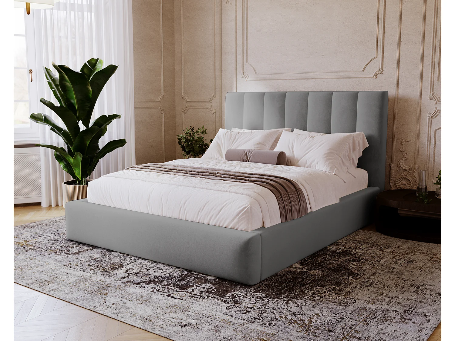 Emporius Velor Polsterbett 160x200 mit Bettkasten, Doppelbett, Kopfteil, Samtstoff, Bett Grau (Magic Velvet 2217)