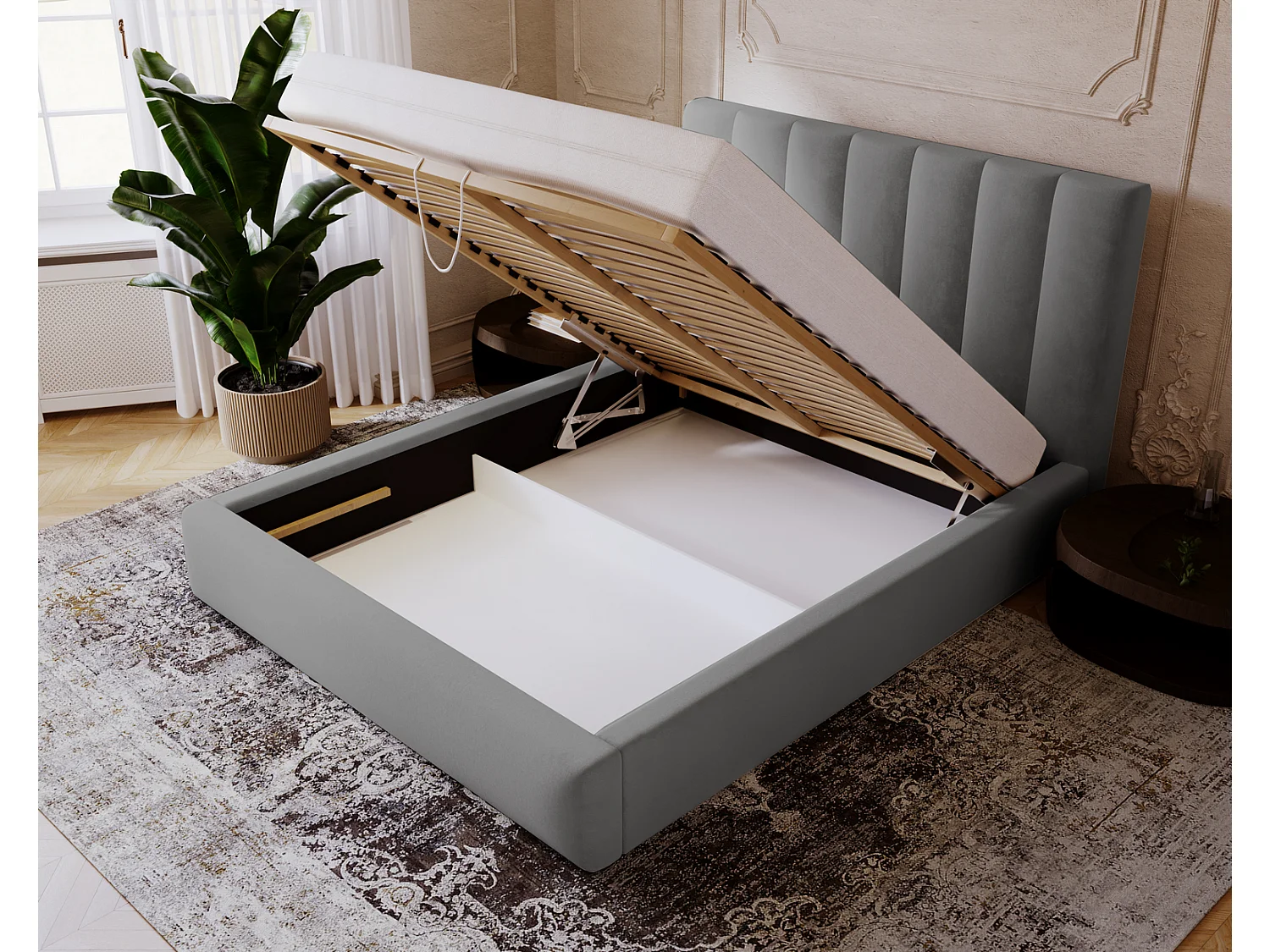 Emporius Velor Polsterbett 160x200 mit Bettkasten, Doppelbett, Kopfteil, Samtstoff, Bett Grau (Magic Velvet 2217)
