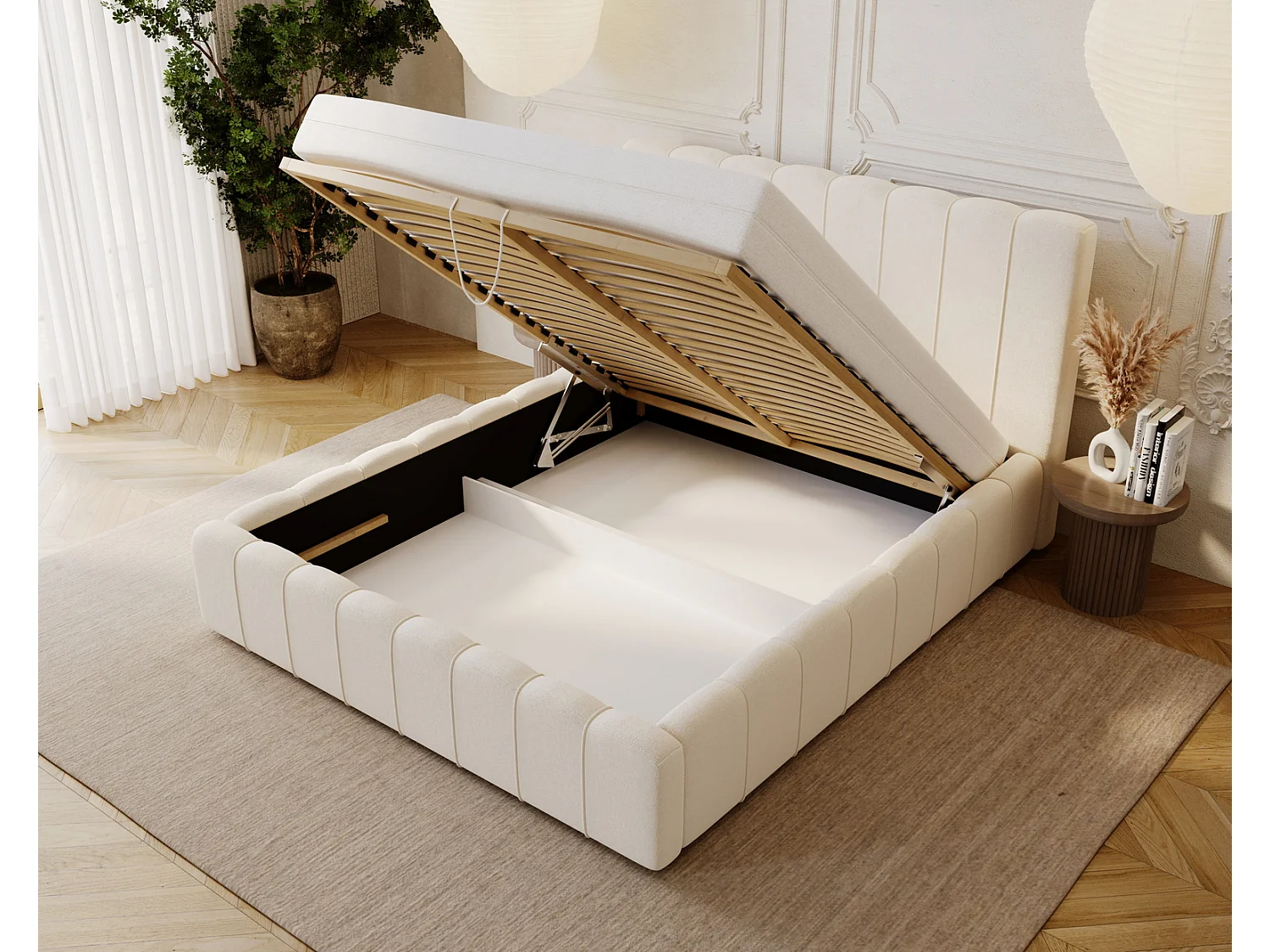 Emporius Lisbon gestoffeerd bed 200x200 met opbergruimte - bed 200x200, tweepersoonsbed fluwelen Crème (Komodo 10)