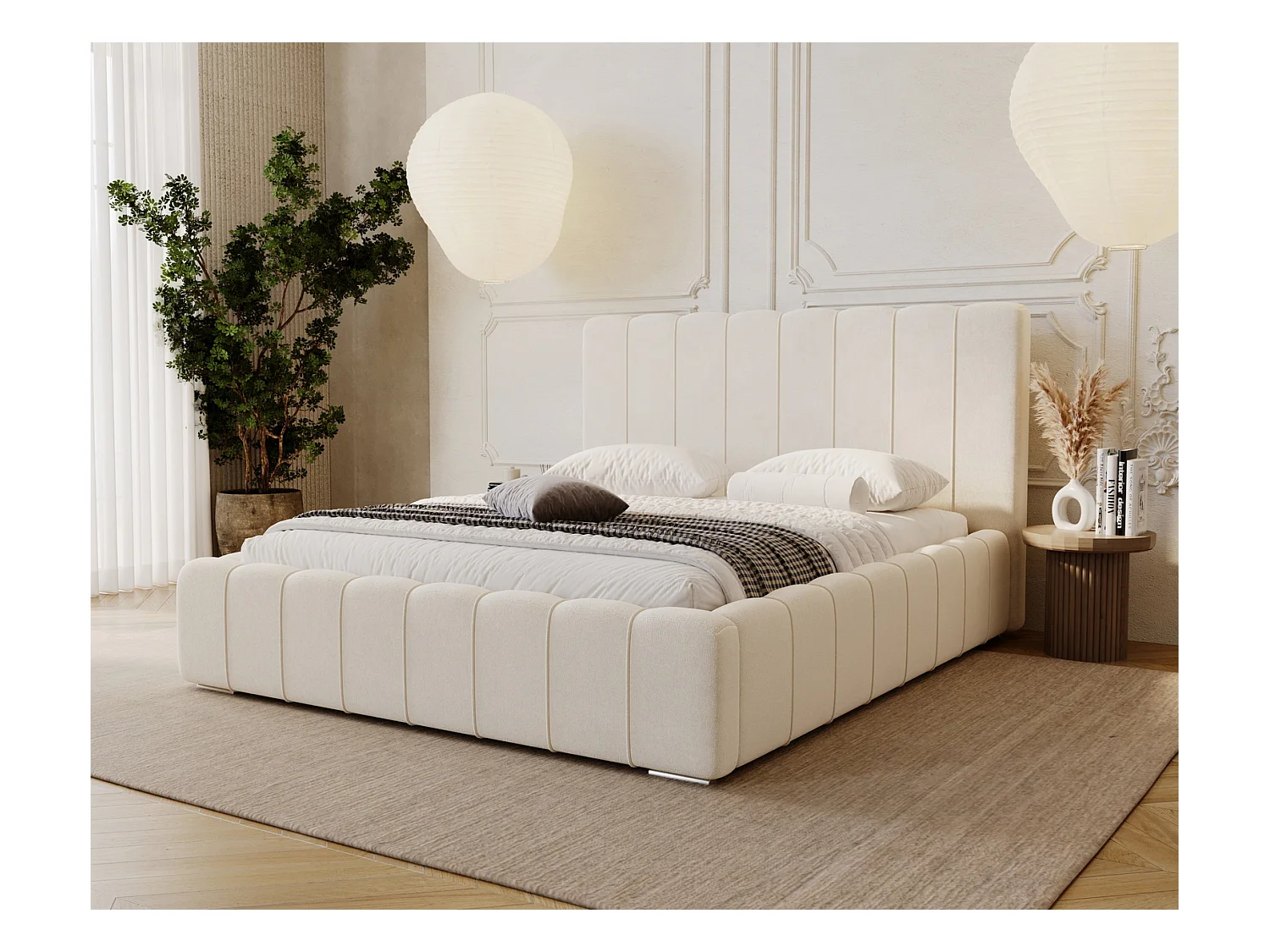 Emporius Lisbon lit avec rangement, lit adulte 200x200 sommier à lattes - lit coffre 200 x 200 - tissu velour Crème (Komodo 10)