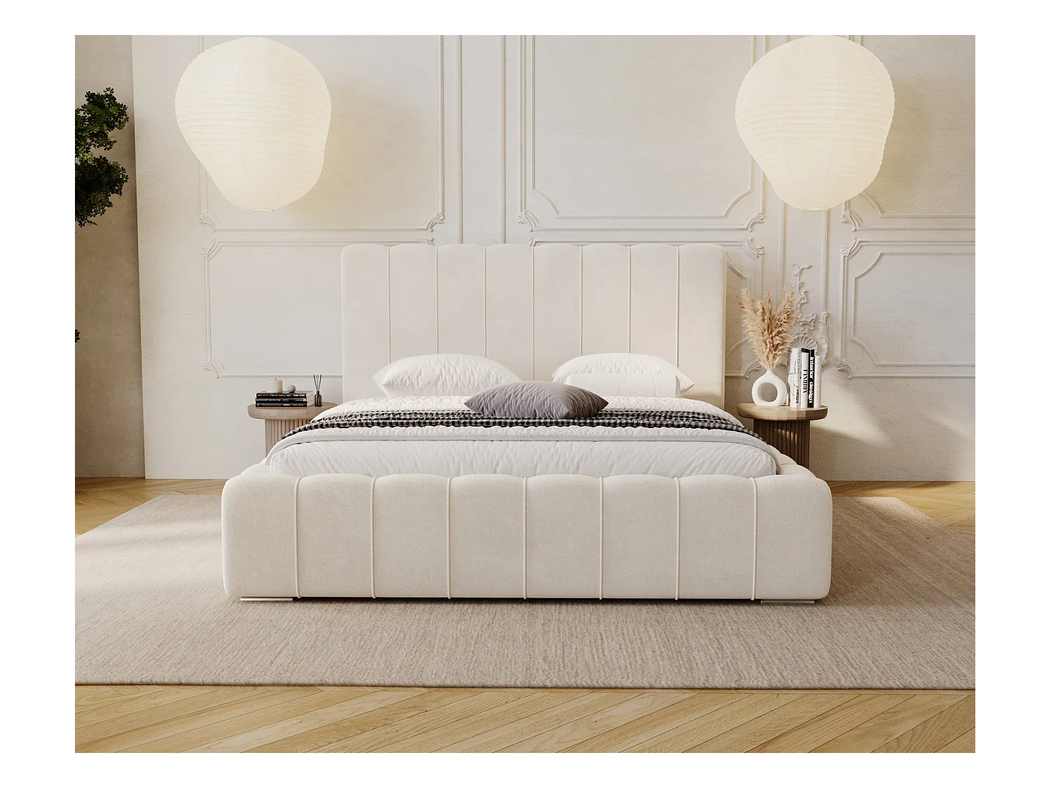 Emporius Lisbon lit avec rangement, lit adulte 200x200 sommier à lattes - lit coffre 200 x 200 - tissu velour Crème (Komodo 10)