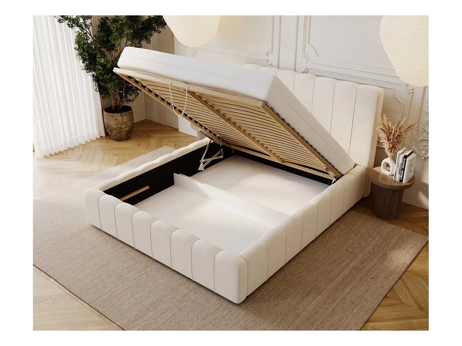 Emporius Lisbon lit avec rangement, lit adulte 200x200 sommier à lattes - lit coffre 200 x 200 - tissu velour Crème (Komodo 10)