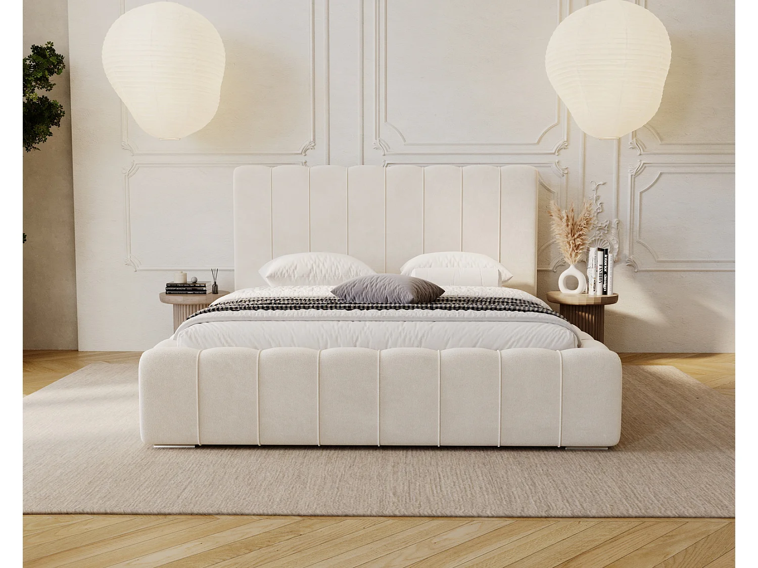 Emporius Lisbon gestoffeerd bed 200x200 met opbergruimte - bed 200x200, tweepersoonsbed fluwelen Crème (Komodo 10)