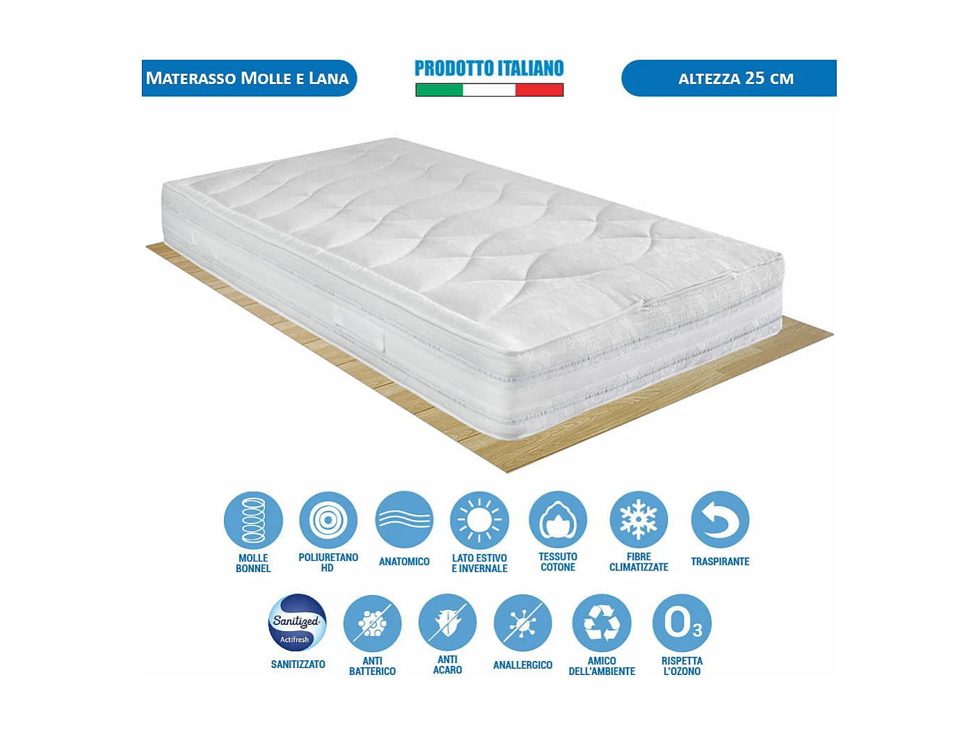 Kit letto piazza e mezza 120x190 con materasso a molle e lana rigido Messico, rete a tavole e cuscino fiocco memory incluso - Comprarredo