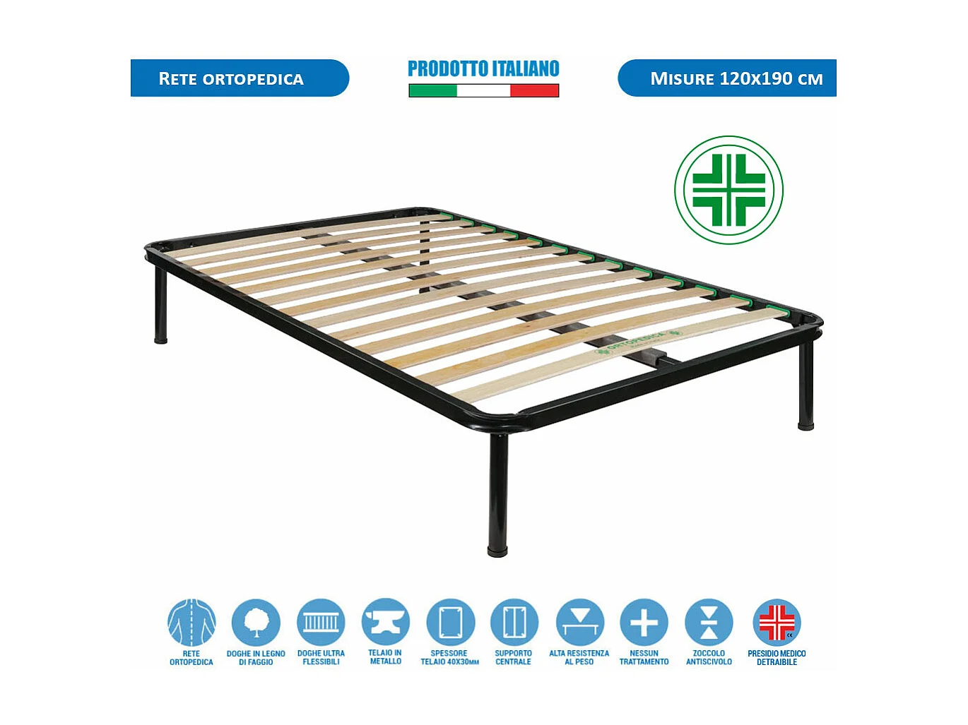 Set letto piazza e mezza 120x190 con rete ortopedica flessibile, materasso a molle rigido Panama e cuscino fiocco memory - Comprarredo