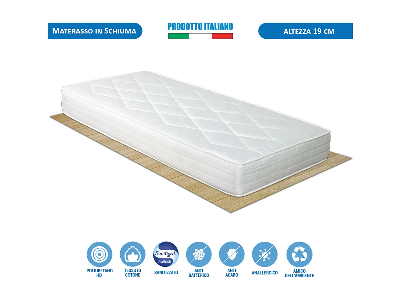 Kit materasso e rete Norvegia singolo 80x190, doghe in legno, telaio in ferro, cuscino fiocco memory incluso - Comprarredo