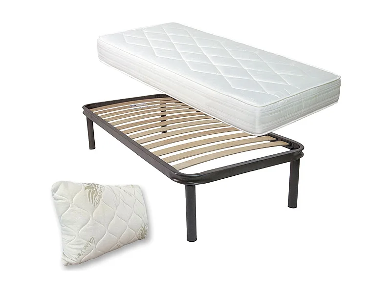Kit materasso e rete Norvegia singolo 80x190, doghe in legno, telaio in ferro, cuscino fiocco memory incluso - Comprarredo