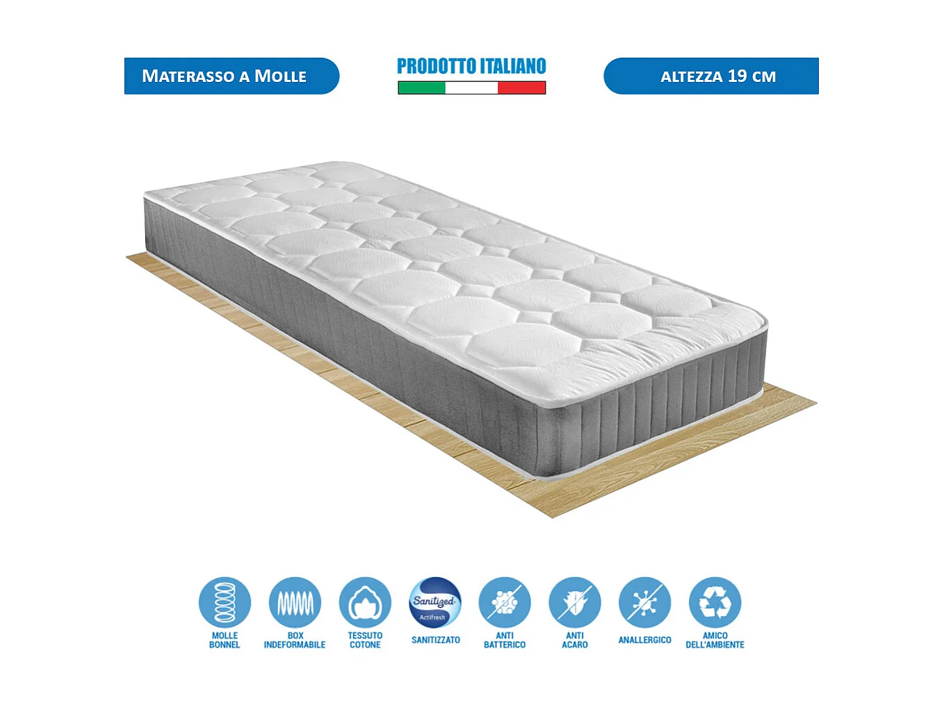 Set letto singolo 80x190 con rete ortopedica flessibile, materasso a molle rigido Panama e cuscino fiocco memory - Comprarredo