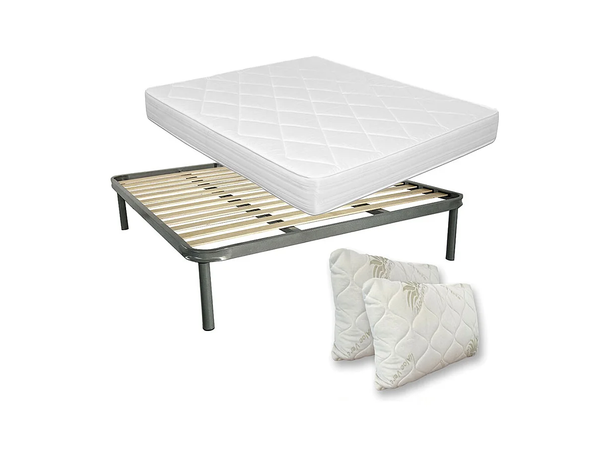 Kit materasso e rete Norvegia matrimoniale 160x200, doghe in legno, telaio in ferro, cuscini memory inclusi - Comprarredo