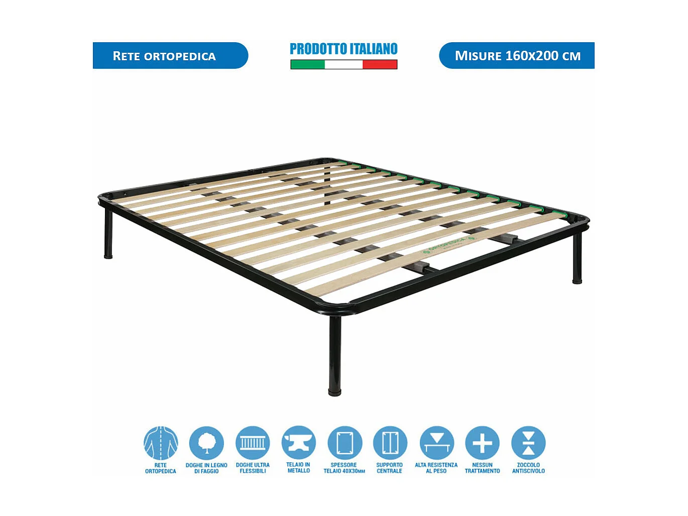 Kit materasso e rete Norvegia matrimoniale 160x200, doghe in legno, telaio in ferro, cuscini memory inclusi - Comprarredo