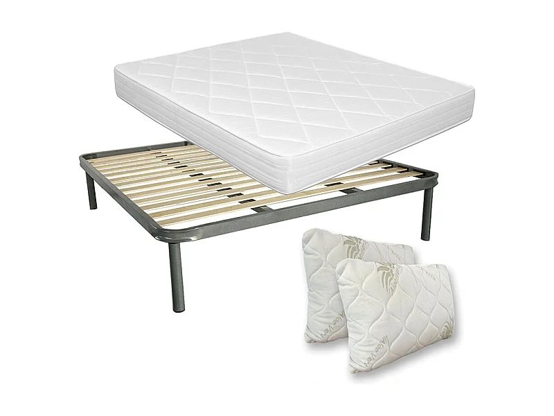 Kit materasso e rete Norvegia matrimoniale 160x200, doghe in legno, telaio in ferro, cuscini memory inclusi - Comprarredo