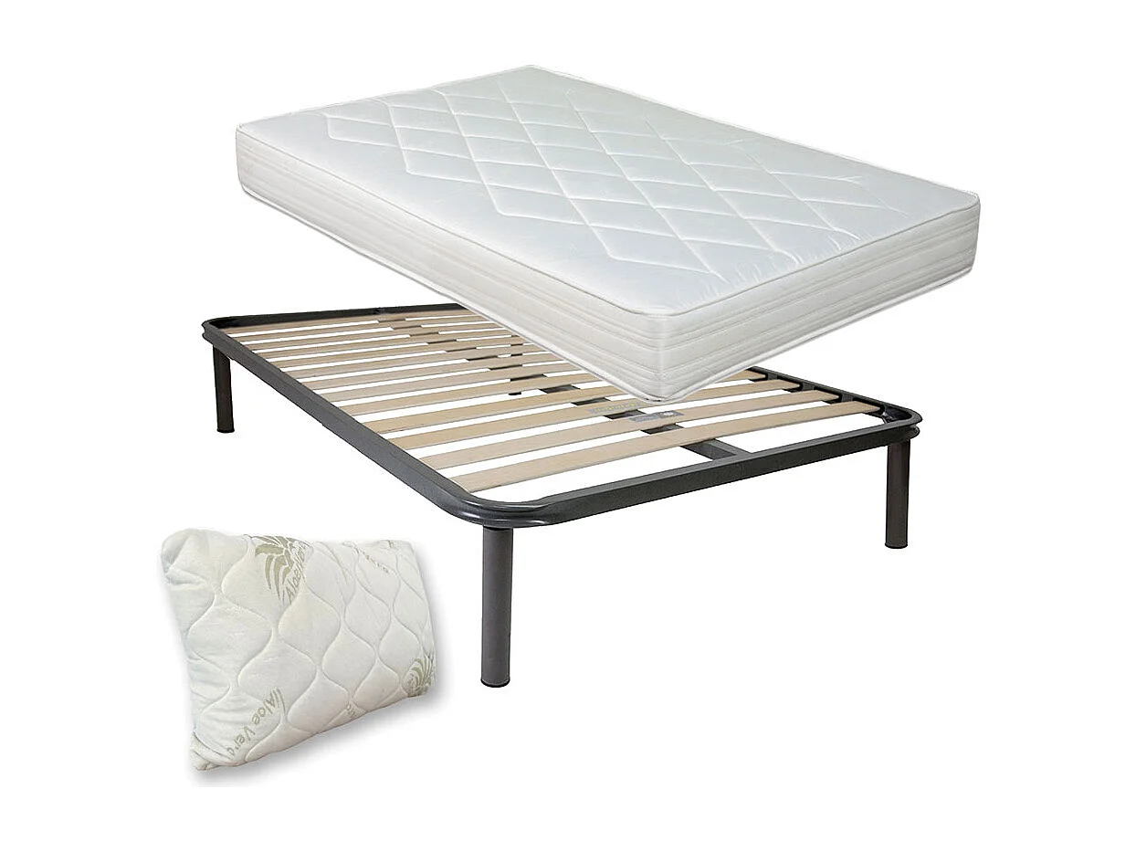 Kit materasso e rete Norvegia piazza e mezza 120x190, doghe in legno, telaio in ferro, cuscino fiocco memory incluso - Comprarredo