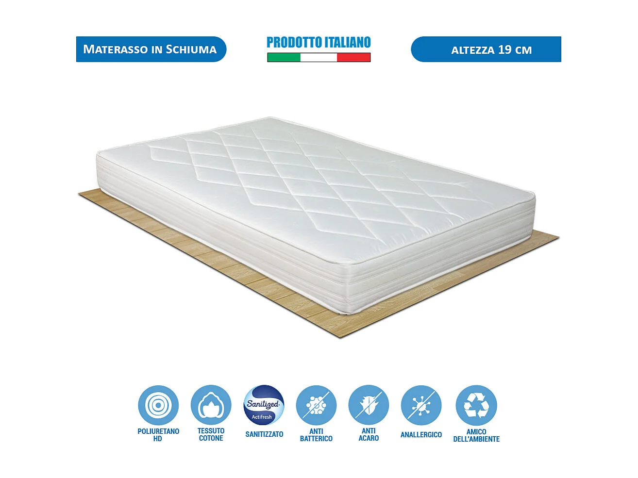 Kit materasso e rete Norvegia piazza e mezza 120x190, doghe in legno, telaio in ferro, cuscino fiocco memory incluso - Comprarredo