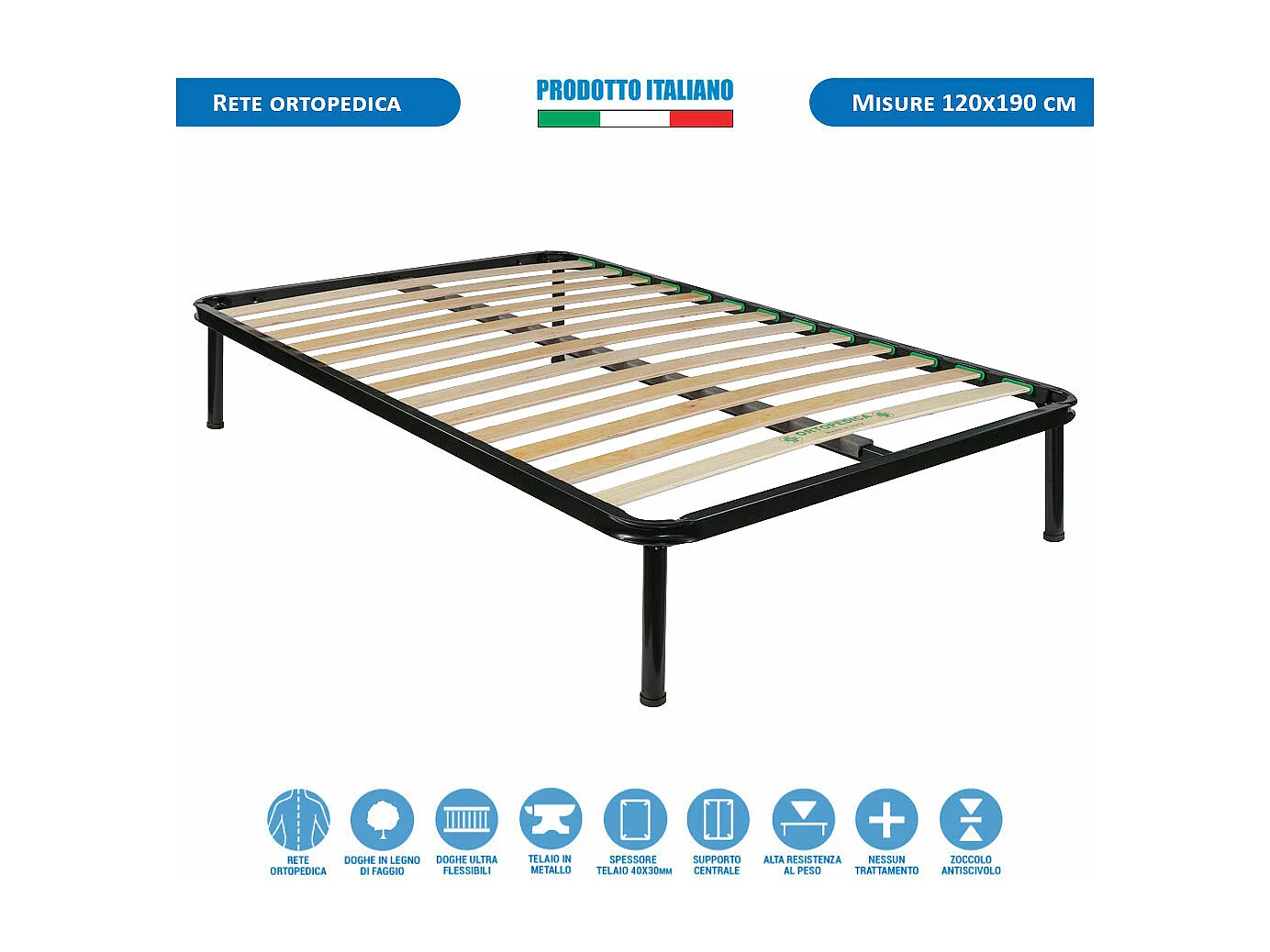 Kit materasso e rete Norvegia piazza e mezza 120x190, doghe in legno, telaio in ferro, cuscino fiocco memory incluso - Comprarredo