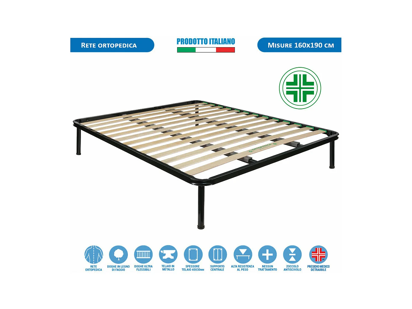 Kit materasso e rete Norvegia matrimoniale 160x190, doghe in legno, telaio in ferro, cuscini memory inclusi - Comprarredo