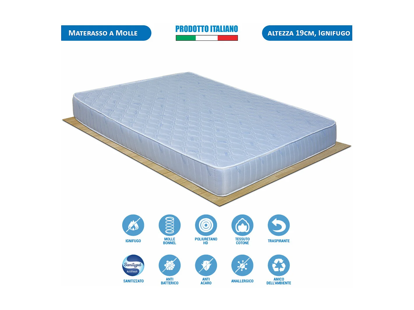 Materasso Ignifugo Bonnel piazza e mezza 120x190 cm, altezza 19 cm, classe 1IM, autoestinguente, per B&B e hotel – Comprarredo