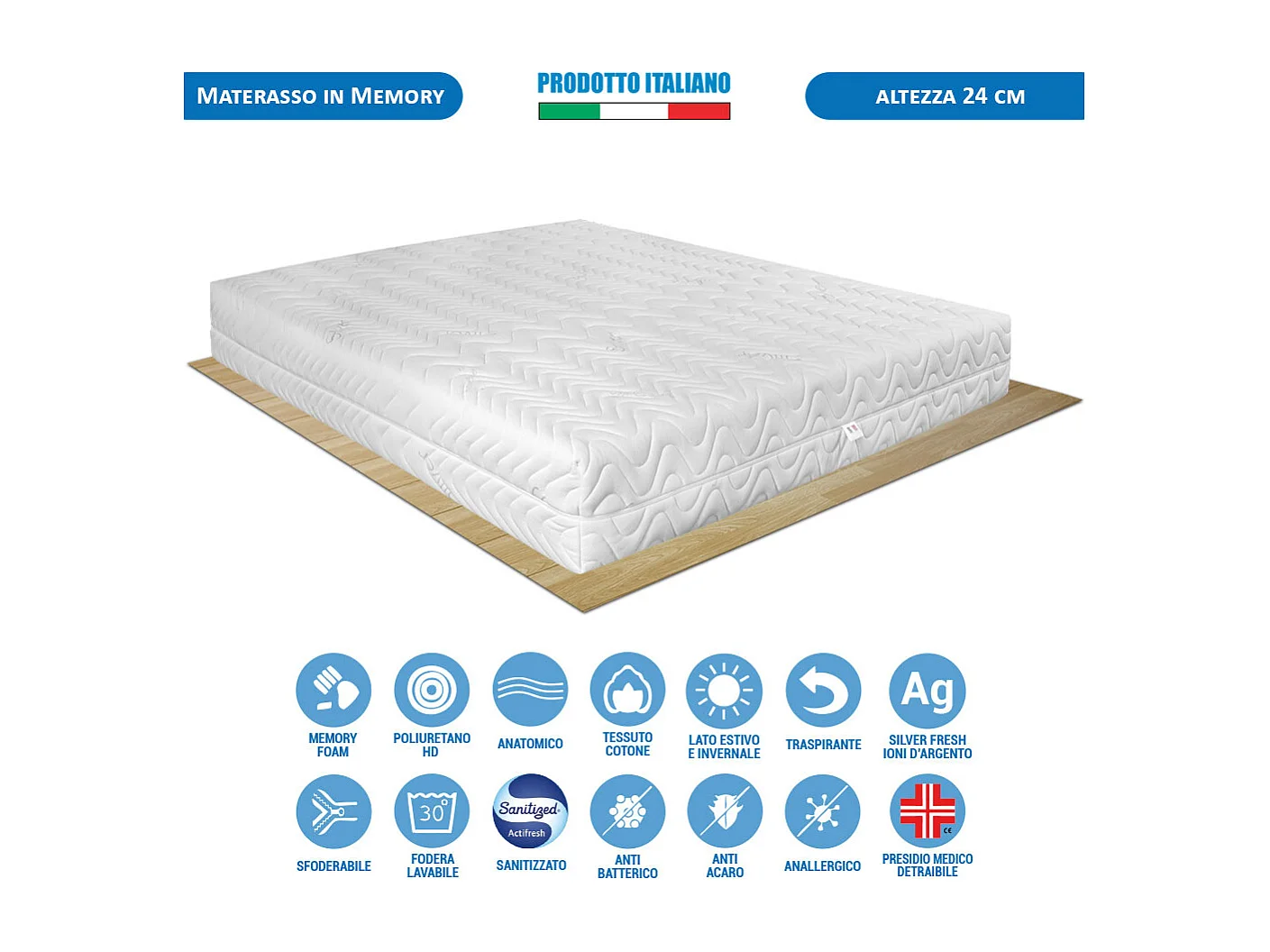 Materasso memory Portogallo matrimoniale 160x190 cm H24 cm, sfoderabile con fibra d’argento, lato estate/inverno – Comprarredo