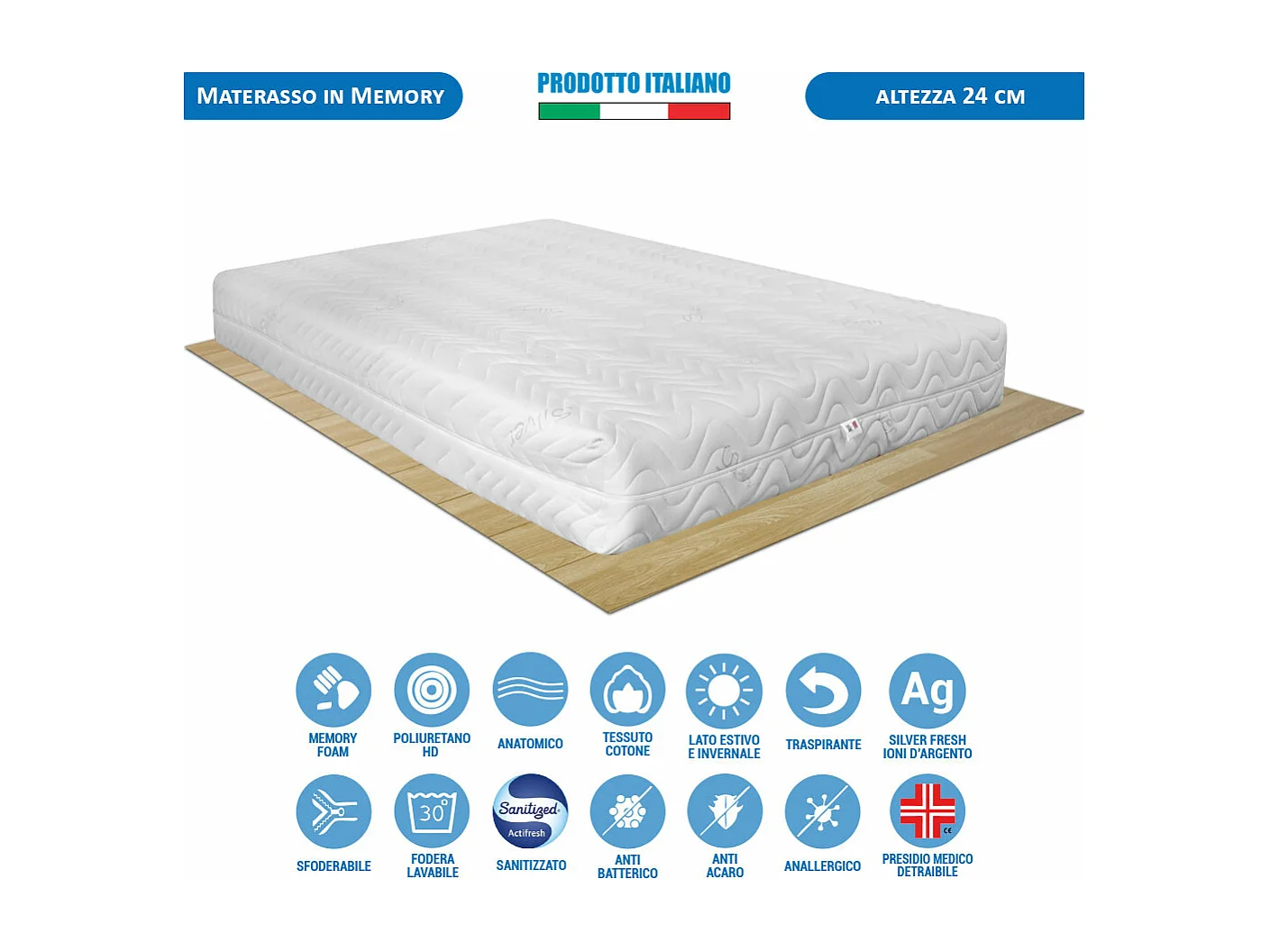 Materasso memory Portogallo piazza e mezza 120x190 cm H24, sfoderabile con fibra d’argento, lato estate/inverno – Comprarredo