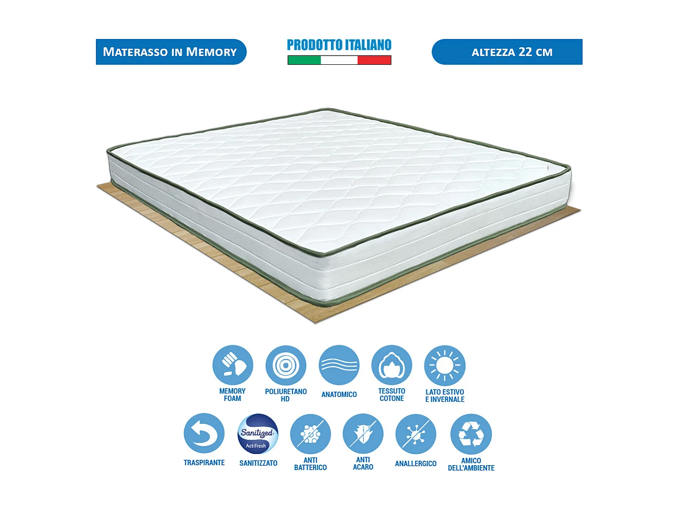 Materasso memory Olanda matrimoniale 160x190 cm, altezza 22 cm, antiacaro e anatomico – Comprarredo