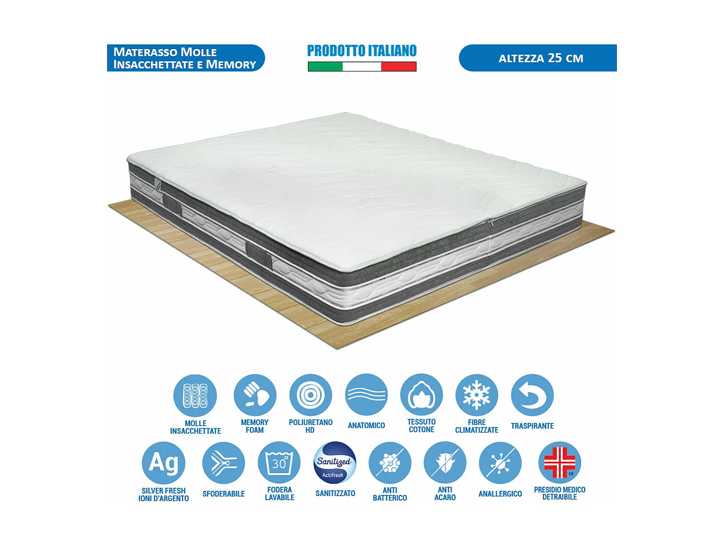 Materasso Tenerife a molle insacchettate e memory, matrimoniale 160x190 H25, sfoderabile, fodera Silver – Comprarredo