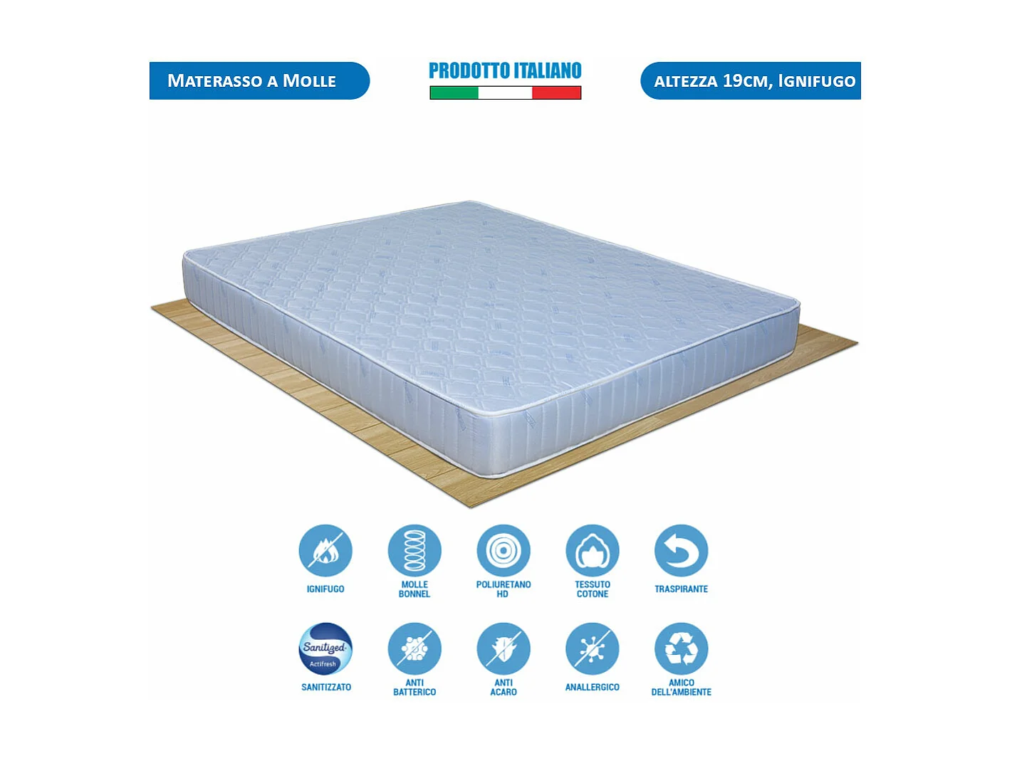 Materasso Ignifugo Bonnel matrimoniale 160x190 cm, altezza 19 cm, classe 1IM, autoestinguente, per B&B e hotel – Comprarredo