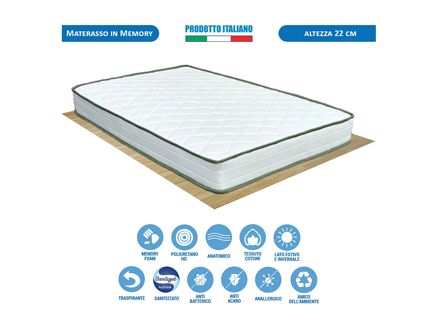 Materasso memory Olanda piazza e mezza 120x190 cm, altezza 22 cm, antiacaro e anatomico – Comprarredo