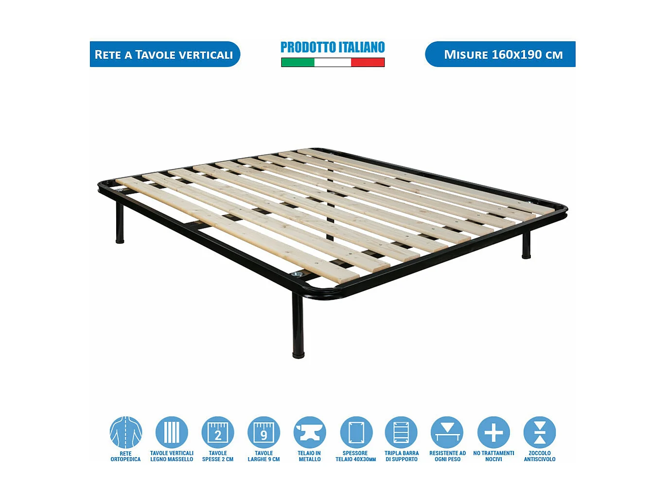 Rete matrimoniale ortopedica 160x190 con doghe verticali in legno massello, telaio in metallo con 5 piedi e triplo supporto - Comprarredo