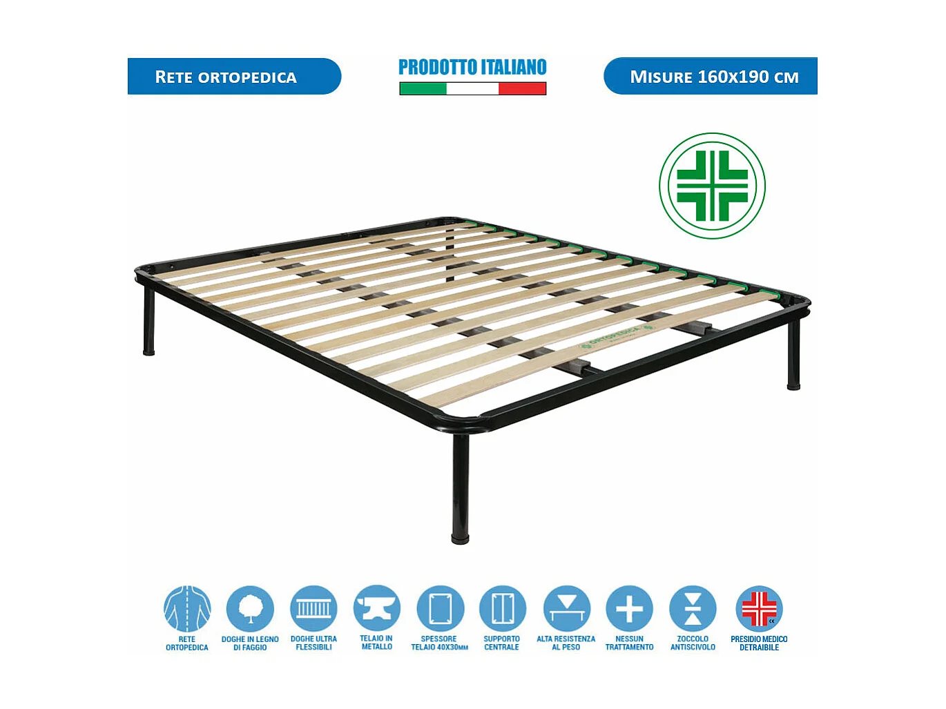 Rete ortopedica matrimoniale 160x190 con telaio in metallo e doghe flessibili in legno, per letti due piazze - Comprarredo