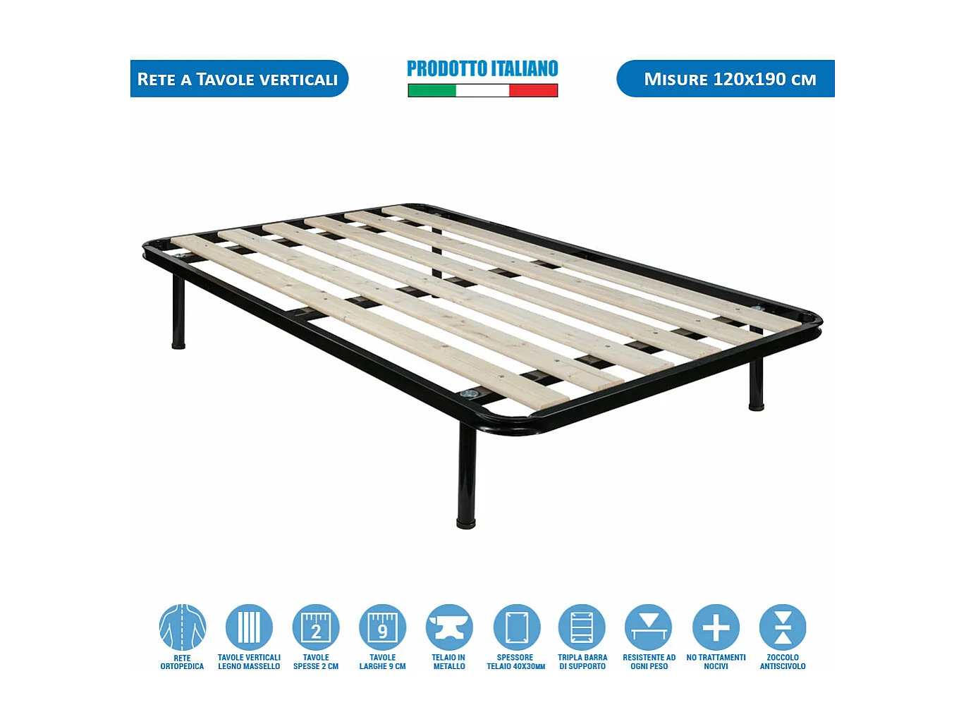 Rete ortopedica piazza e mezza 120x190 con doghe verticali in legno massello, telaio in metallo e piedi inclusi - Comprarredo