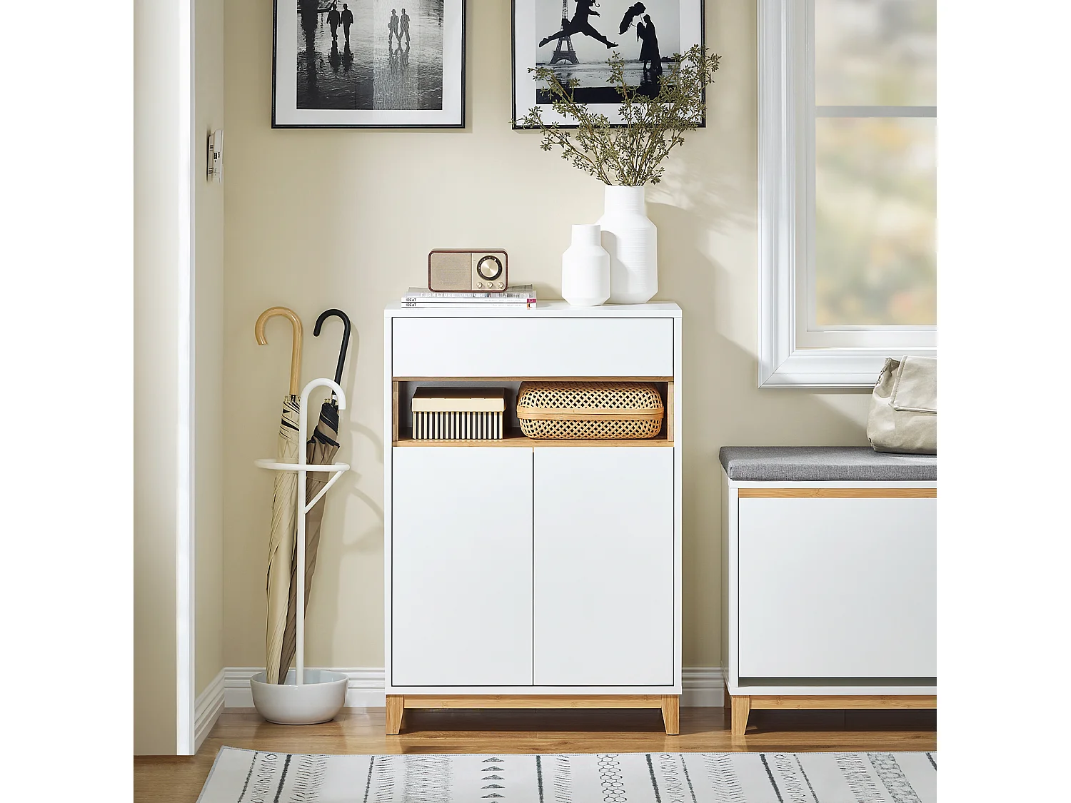 SoBuy Meuble Entrée Multifonctionnel avec Tiroir, 2 Portes et Étagères Réglables, L60xP34xH85 cm, FSB97-WN