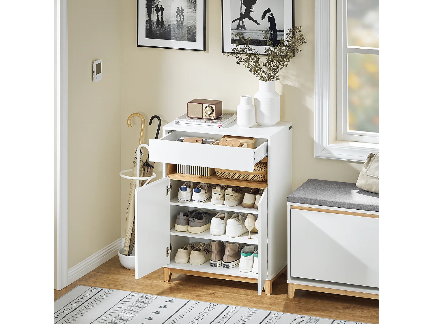 SoBuy Meuble Entrée Multifonctionnel avec Tiroir, 2 Portes et Étagères Réglables, L60xP34xH85 cm, FSB97-WN