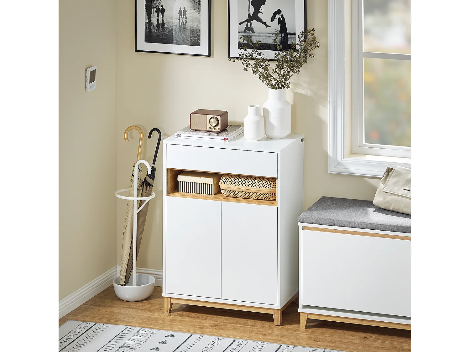 SoBuy Meuble Entrée Multifonctionnel avec Tiroir, 2 Portes et Étagères Réglables, L60xP34xH85 cm, FSB97-WN