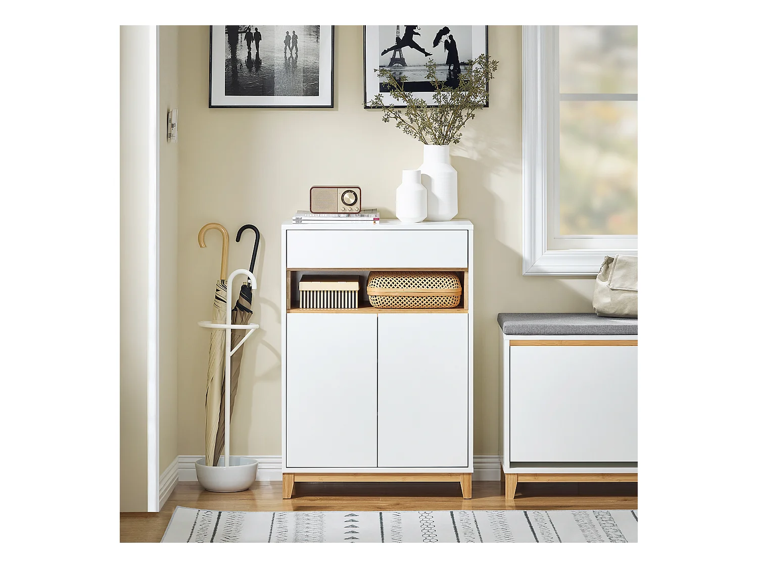 SoBuy Meuble Entrée Multifonctionnel avec Tiroir, 2 Portes et Étagères Réglables, L60xP34xH85 cm, FSB97-WN