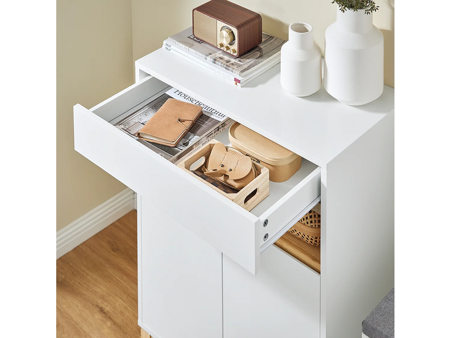 SoBuy Meuble Entrée Multifonctionnel avec Tiroir, 2 Portes et Étagères Réglables, L60xP34xH85 cm, FSB97-WN