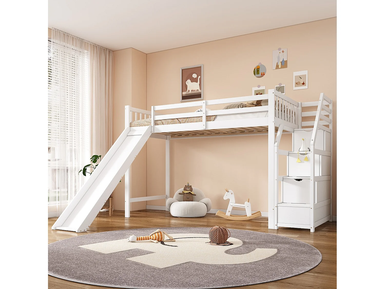 Lit mezzanine 90 x 200 cm avec toboggan et escalier de rangement - Pin et MDF - EN747 certifié - Blanc