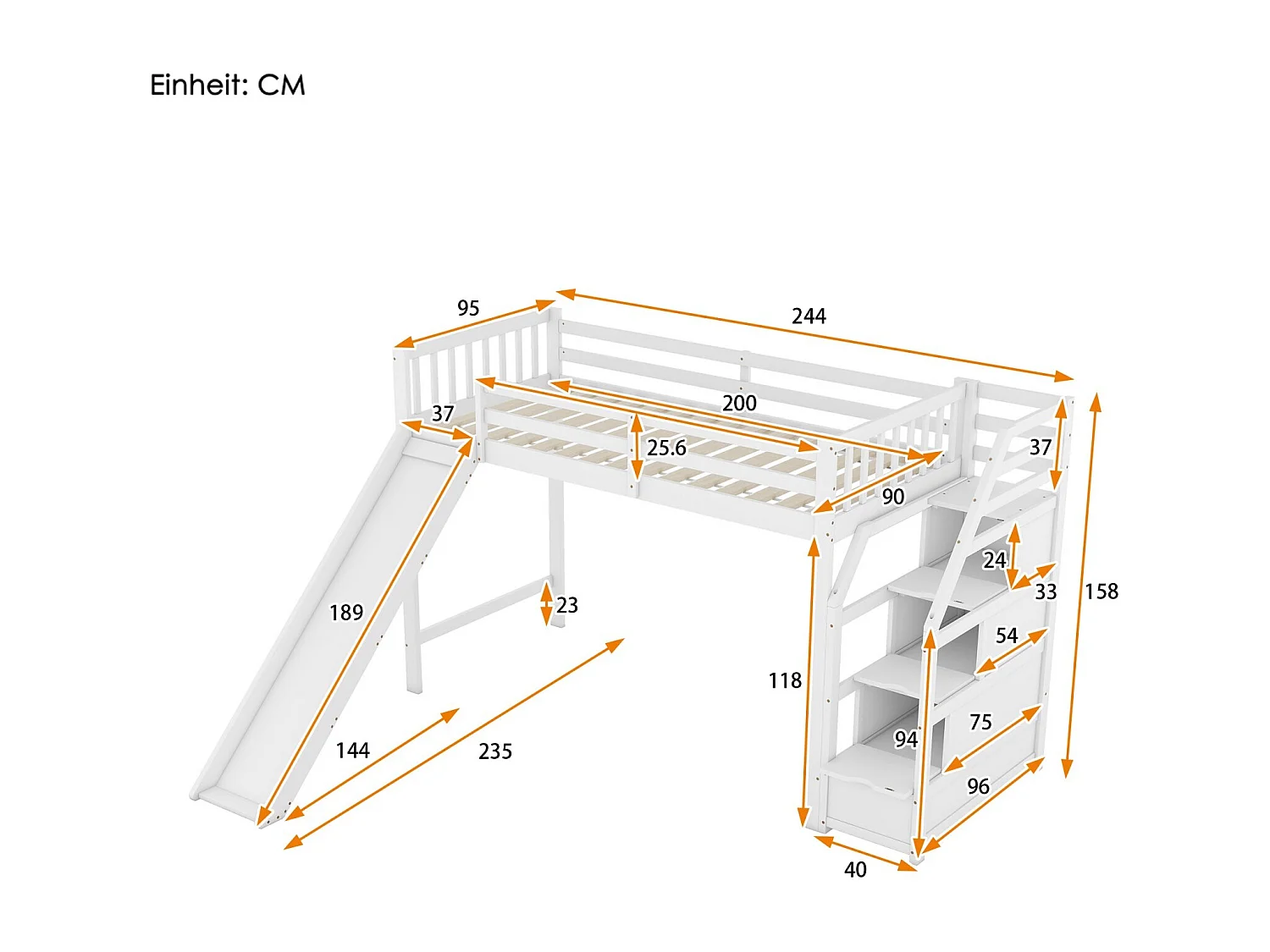 Lit mezzanine 90 x 200 cm avec toboggan et escalier de rangement - Pin et MDF - EN747 certifié - Blanc