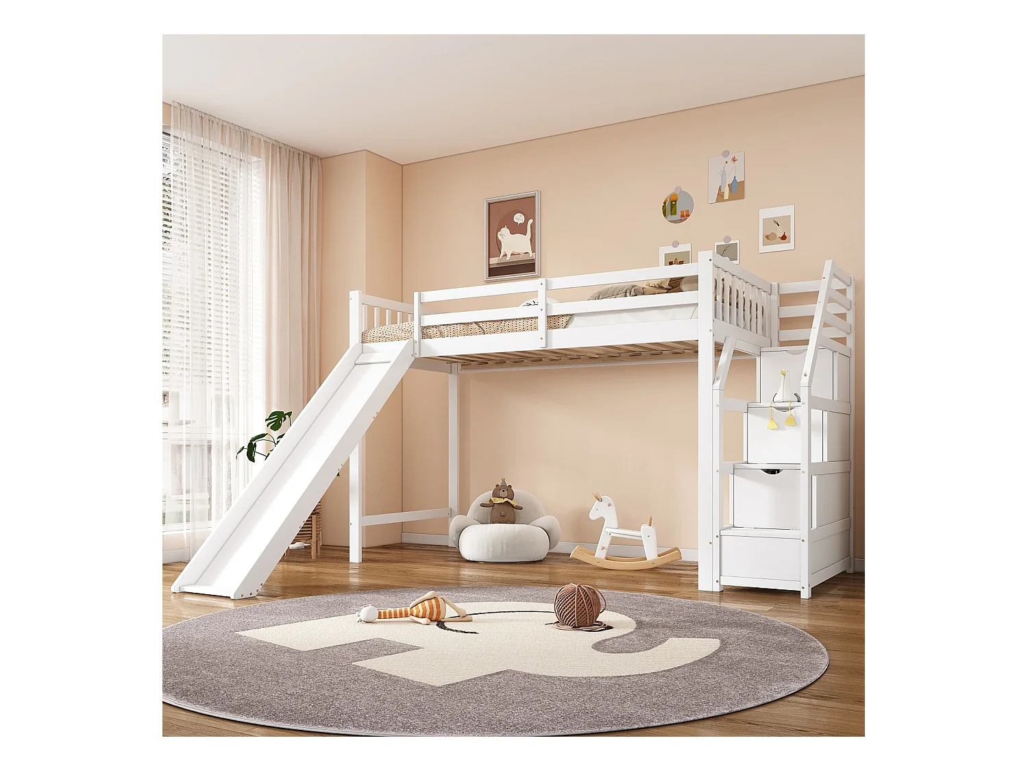 Lit mezzanine 90 x 200 cm avec toboggan et escalier de rangement - Pin et MDF - EN747 certifié - Blanc