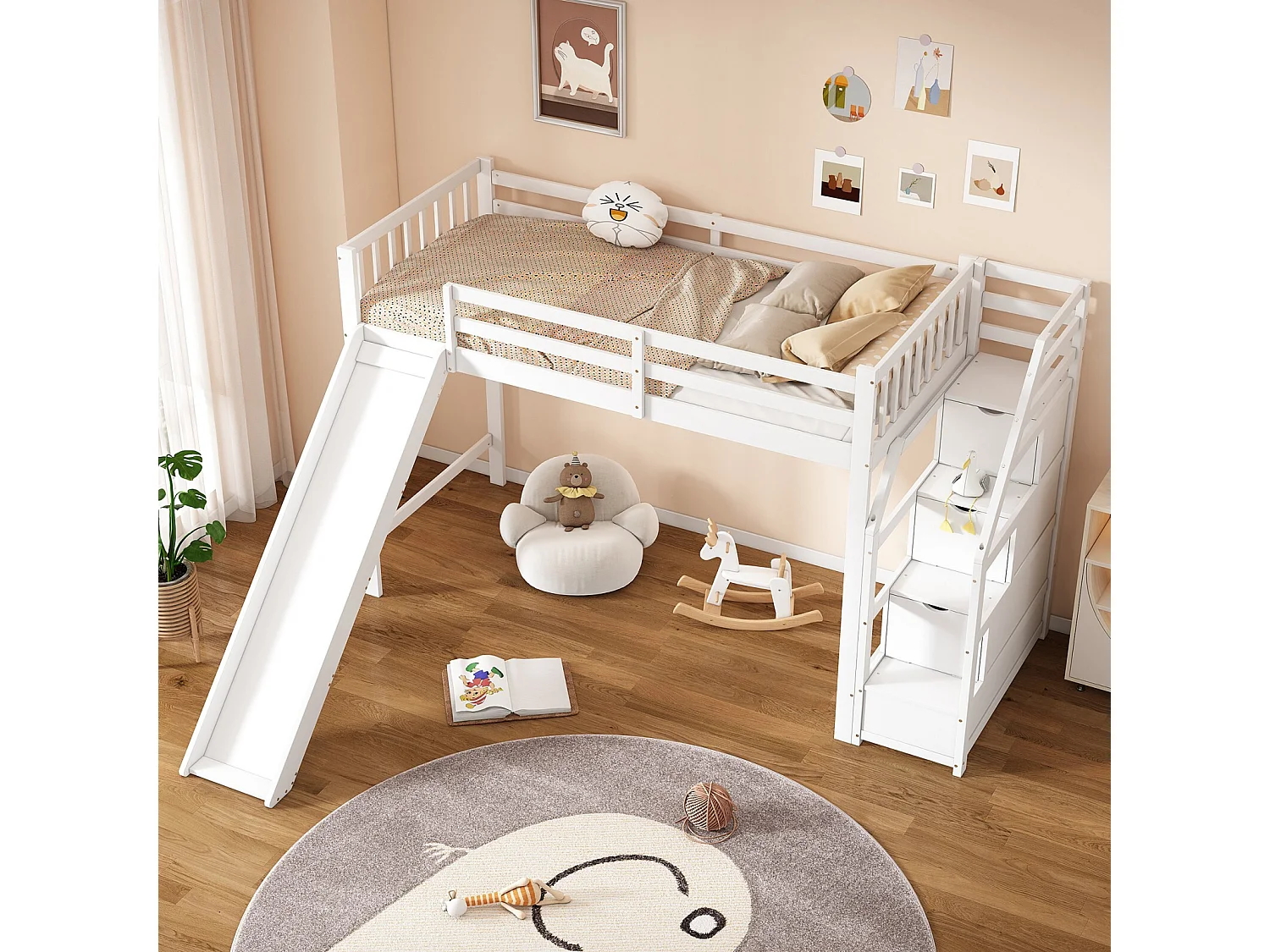 Lit mezzanine 90 x 200 cm avec toboggan et escalier de rangement - Pin et MDF - EN747 certifié - Blanc