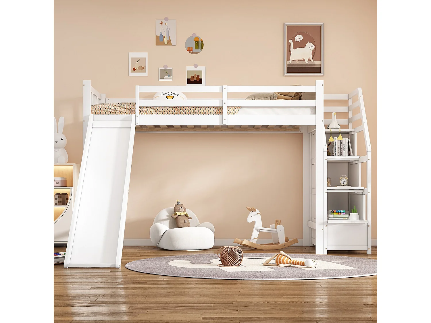 Lit mezzanine 90 x 200 cm avec toboggan et escalier de rangement - Pin et MDF - EN747 certifié - Blanc