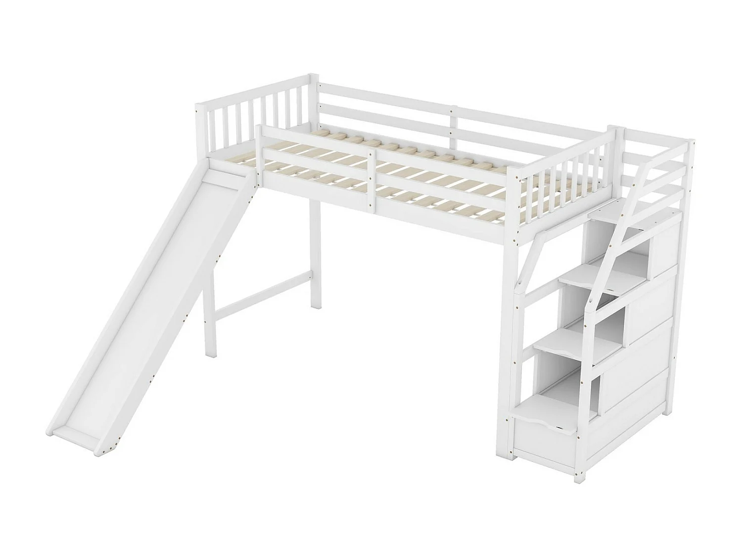 Lit mezzanine 90 x 200 cm avec toboggan et escalier de rangement - Pin et MDF - EN747 certifié - Blanc